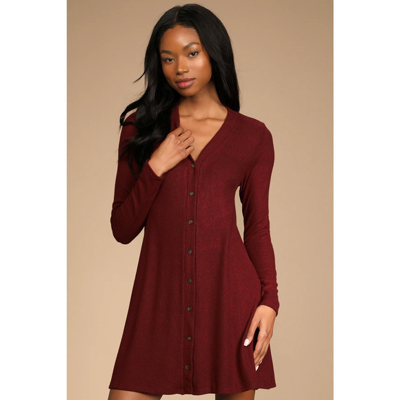 Lulus Sweet Comfort Sweater Dress Button Front Ribbed Knit Burgundy NWT Size XS - Picture 2 of 13